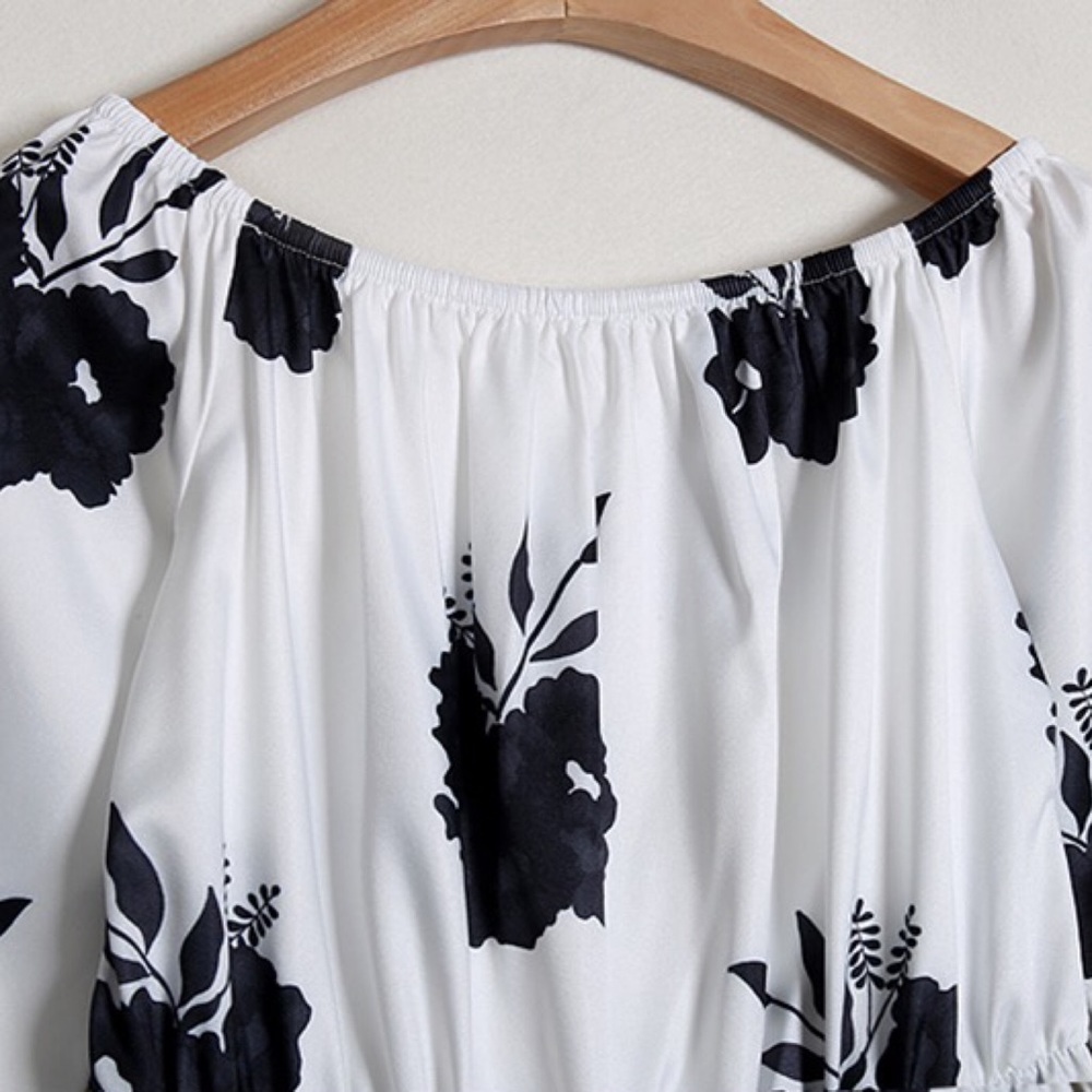 Off Shoulder Bell Sleeve Floral Waisted Mini Dress - Picture 3 of 5